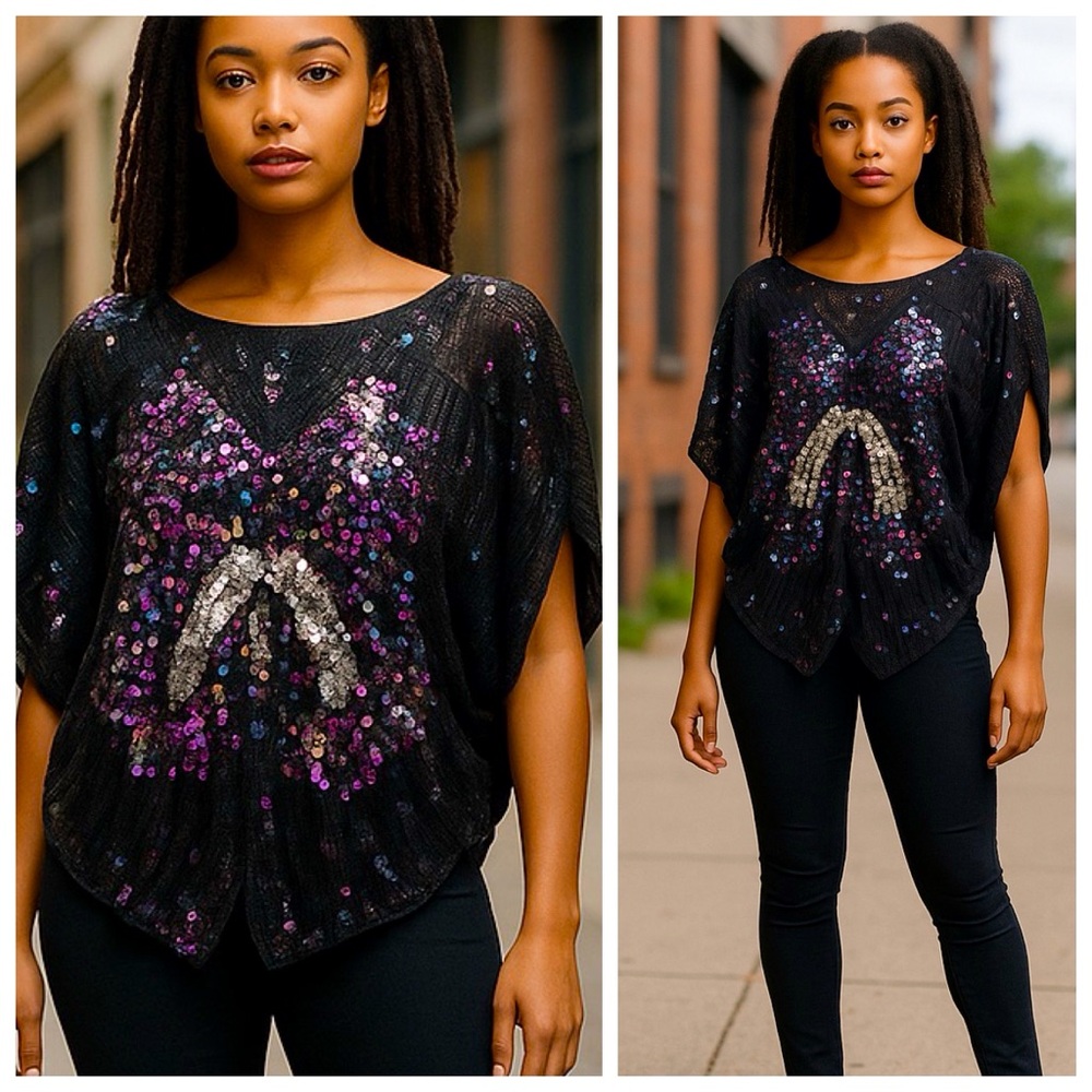 Vintage Cotton Castle Black Bow Sequins Top, M0579